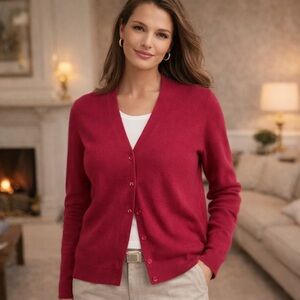 Talbots Cherry Red Cardigan Sweater 100% Merino Wool M Old Money Winter Luxury